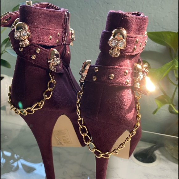 Maroon Skull Detail Platform Wedge Booties - Picture 10 of 16